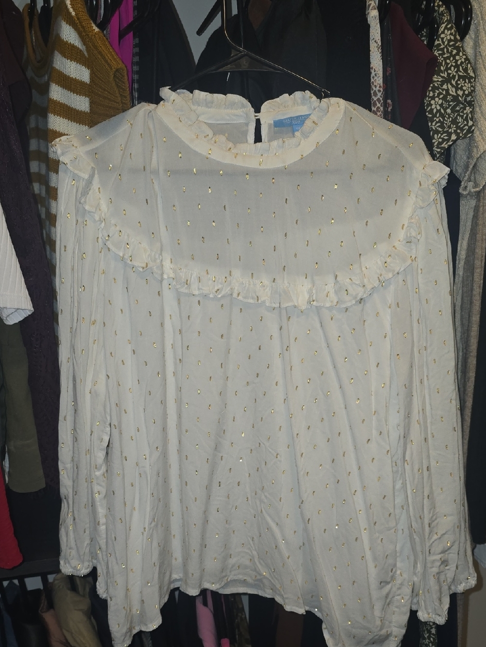 White Ruffle Blouse with Gold Dot Accent